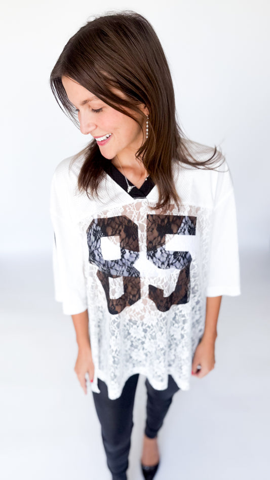 First Down and Flirty Lace Jersey Top