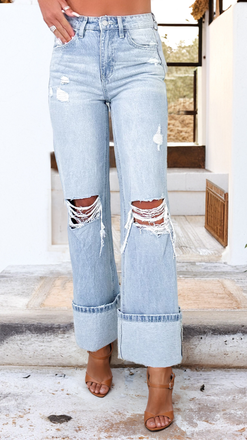 Ripped Revival Cuffed Wide-Leg Jeans