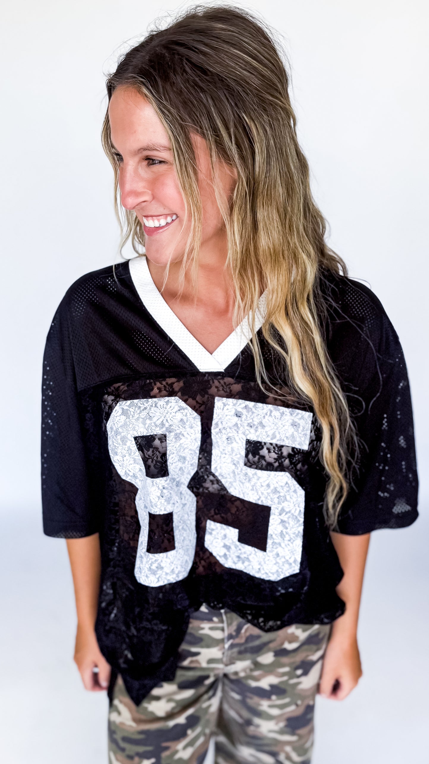 First Down and Flirty Lace Jersey Top